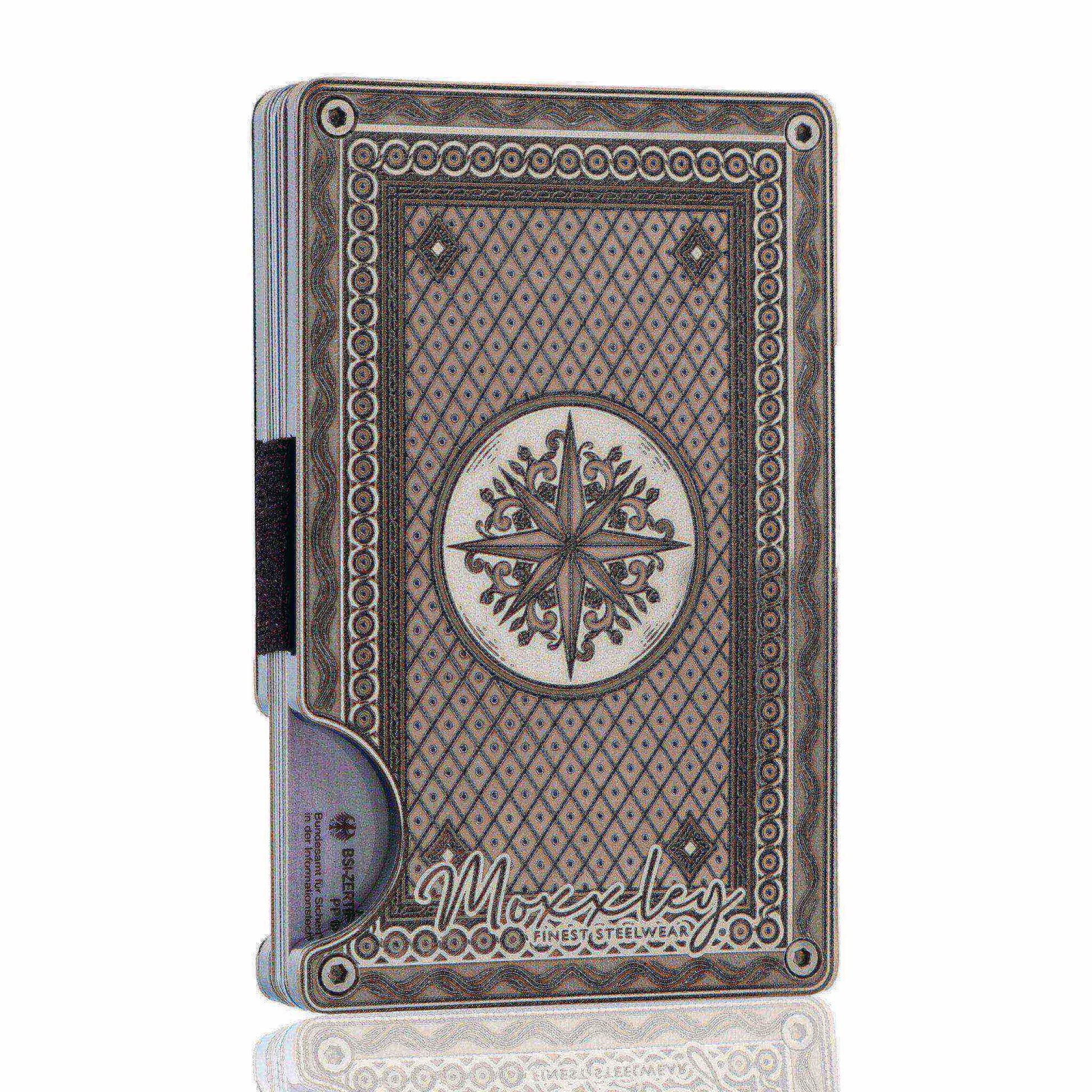 Moxxley MX-341 metal credit card holder – slim stainless steel wallet with money clip, playing-card design