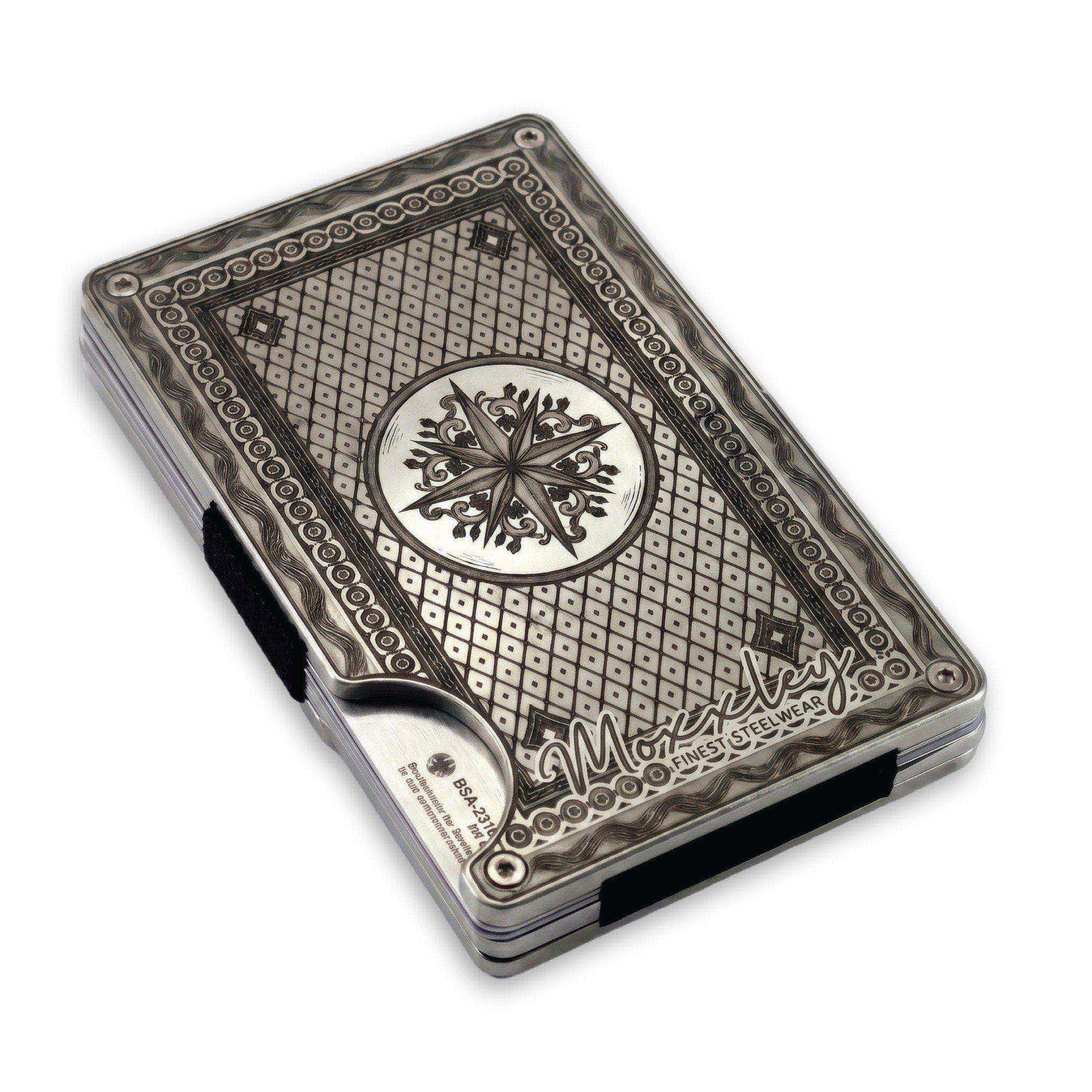 Moxxley MX-341 metal credit card holder – slim stainless steel wallet with money clip, playing-card design