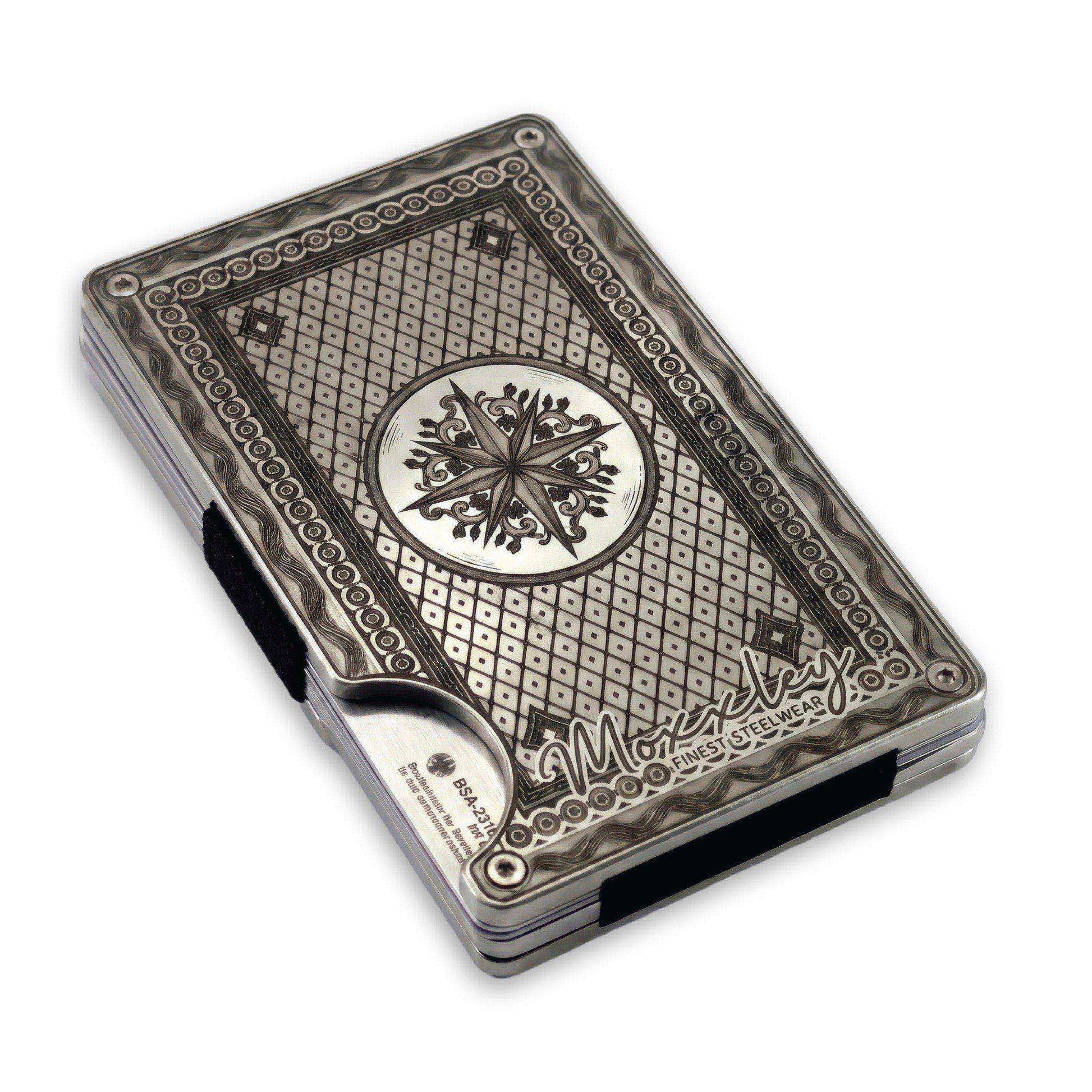Moxxley MX-341 metal credit card holder – slim stainless steel wallet with money clip, playing-card design