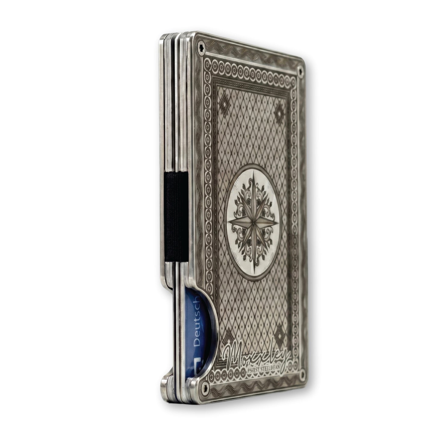 Moxxley MX-341 metal credit card holder – slim stainless steel wallet with money clip, playing-card design