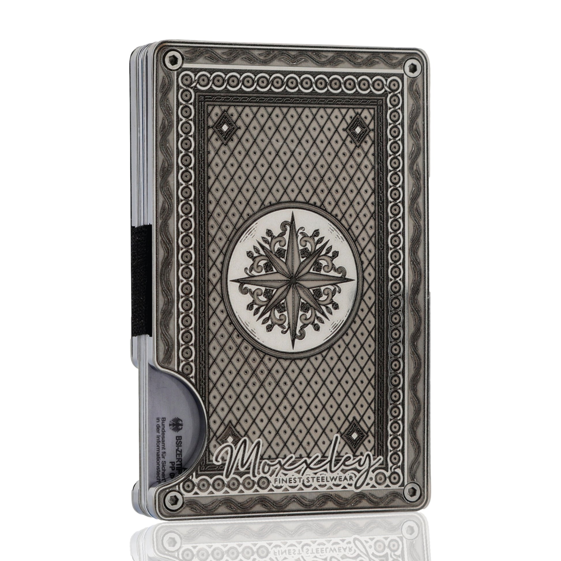 Moxxley MX-341 metal credit card holder – slim stainless steel wallet, playing-card design