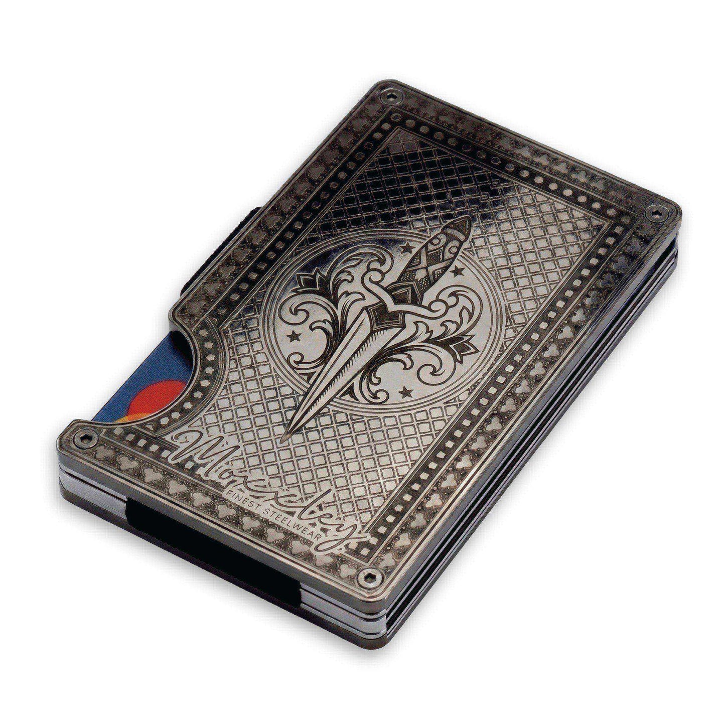 Moxxley MX-342 metal credit card holder – slim stainless steel wallet with money clip, playing-card design