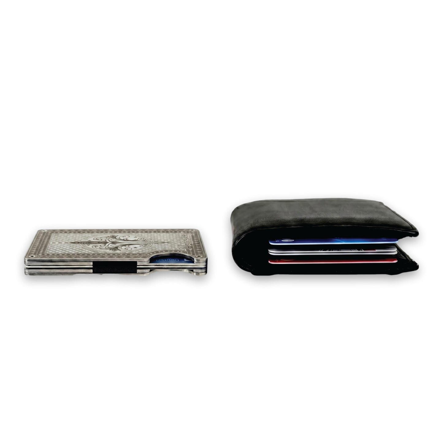 Moxxley MX-342 metal credit card holder – slim stainless steel wallet with money clip, playing-card design