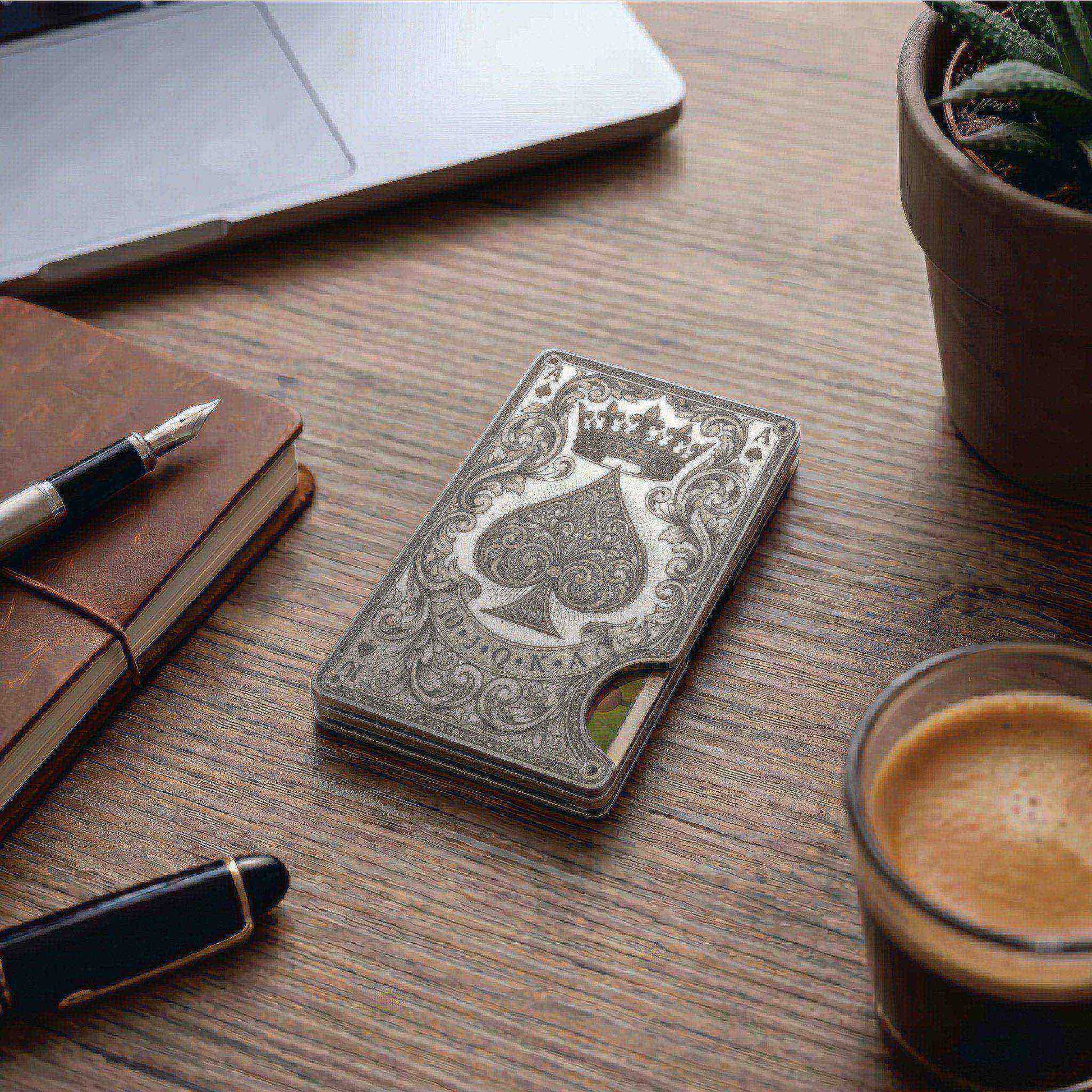 Moxxley MX-342 metal credit card holder – slim stainless steel wallet with money clip, playing-card design