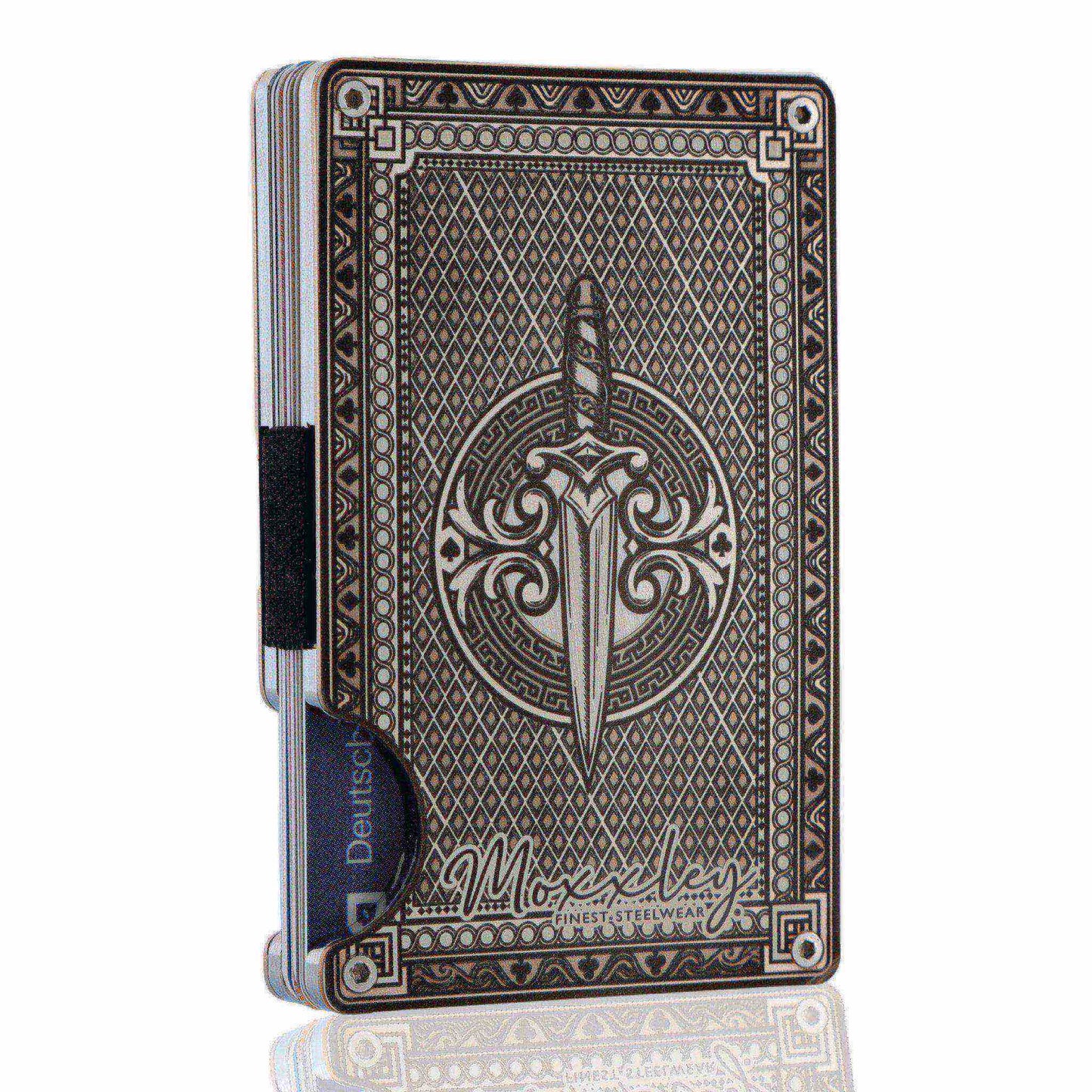 Moxxley MX-343 metal credit card holder – slim stainless steel wallet with money clip, playing-card design