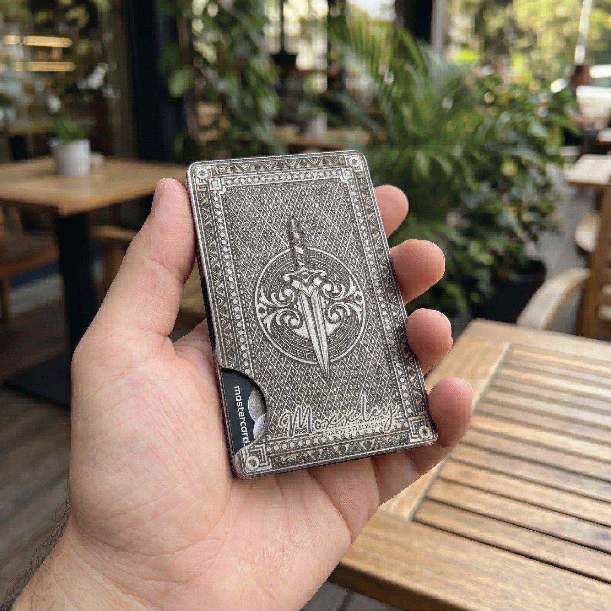 Moxxley MX-343 metal credit card holder – slim stainless steel wallet with money clip, playing-card design