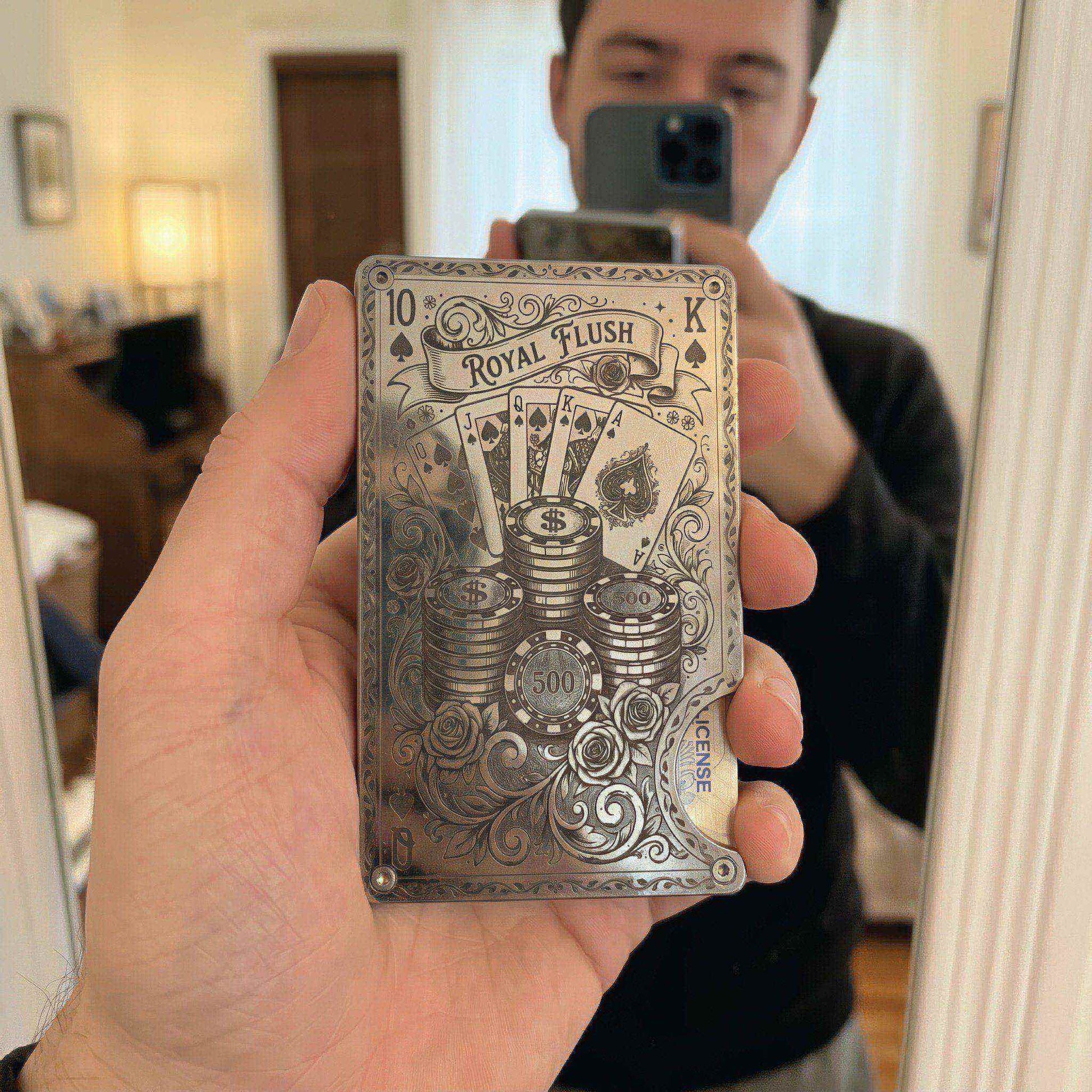 Moxxley MX-343 metal credit card holder – slim stainless steel wallet with money clip, playing-card design