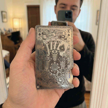Moxxley MX-343 metal credit card holder – slim stainless steel wallet with money clip, playing-card design