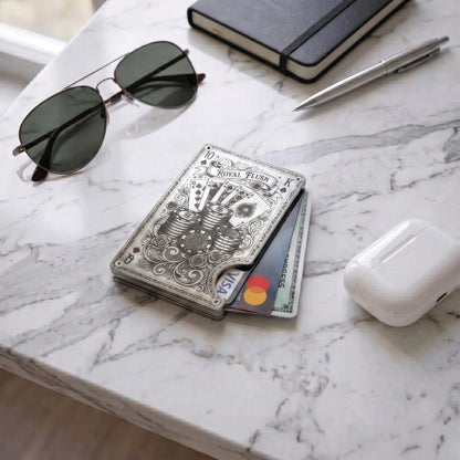 Moxxley MX-343 metal credit card holder – slim stainless steel wallet with money clip, playing-card design