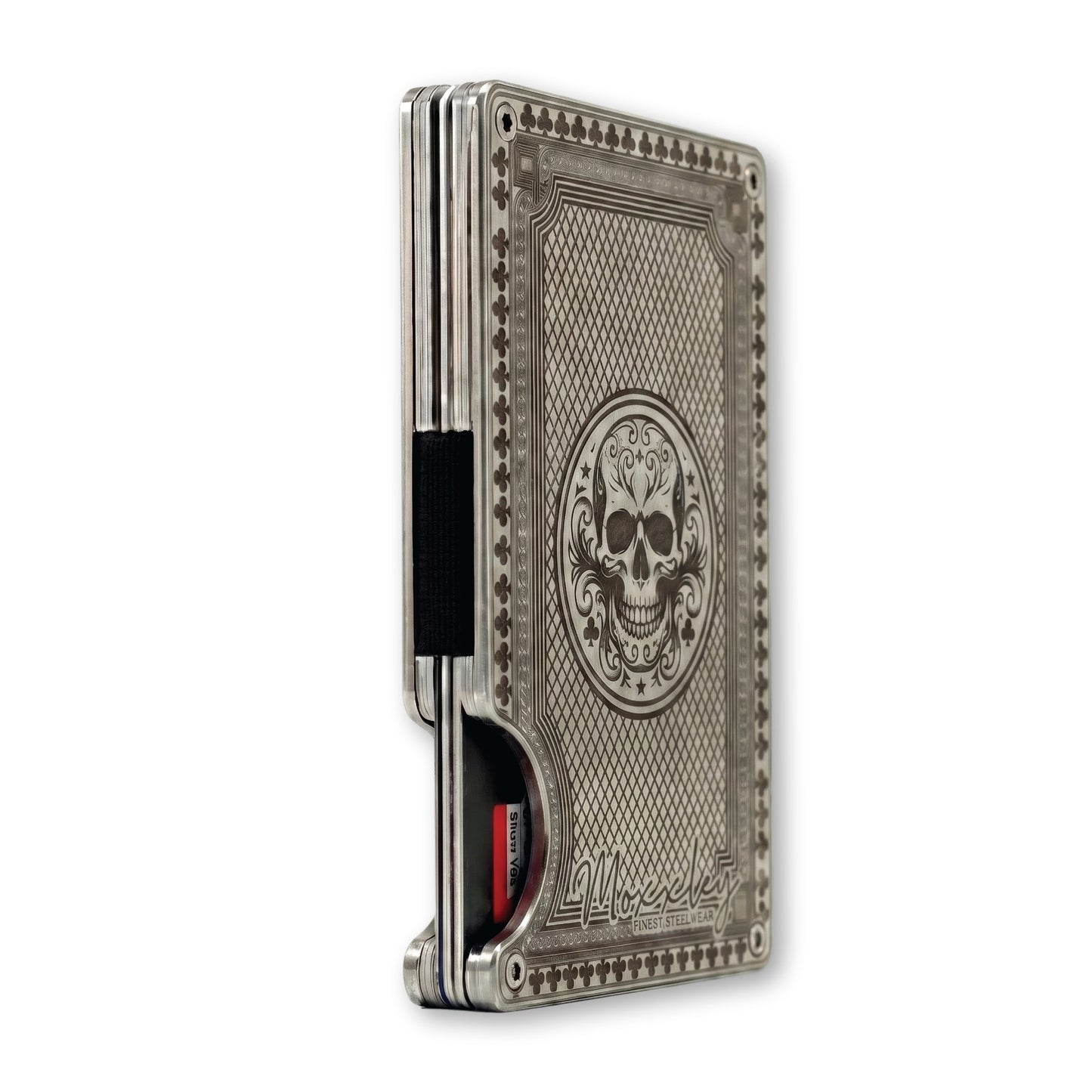 Moxxley MX-344 metal credit card holder – slim stainless steel wallet with money clip, playing-card design