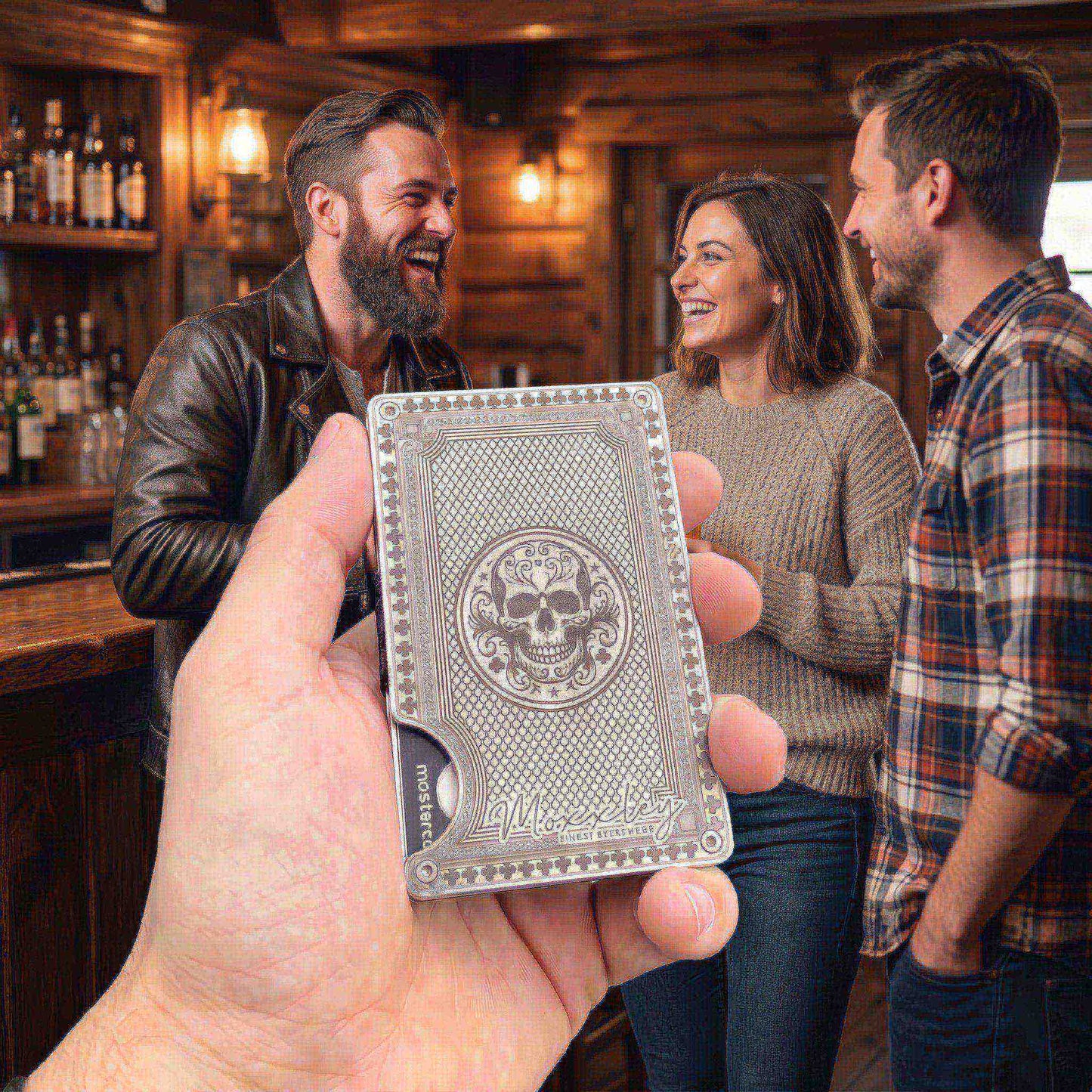 Moxxley MX-344 metal credit card holder – slim stainless steel wallet with money clip, playing-card design