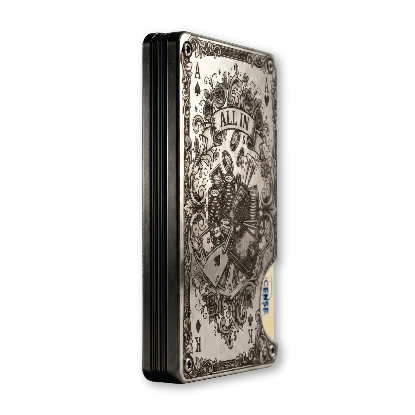 Moxxley MX-344 metal credit card holder – slim stainless steel wallet with money clip, playing-card design