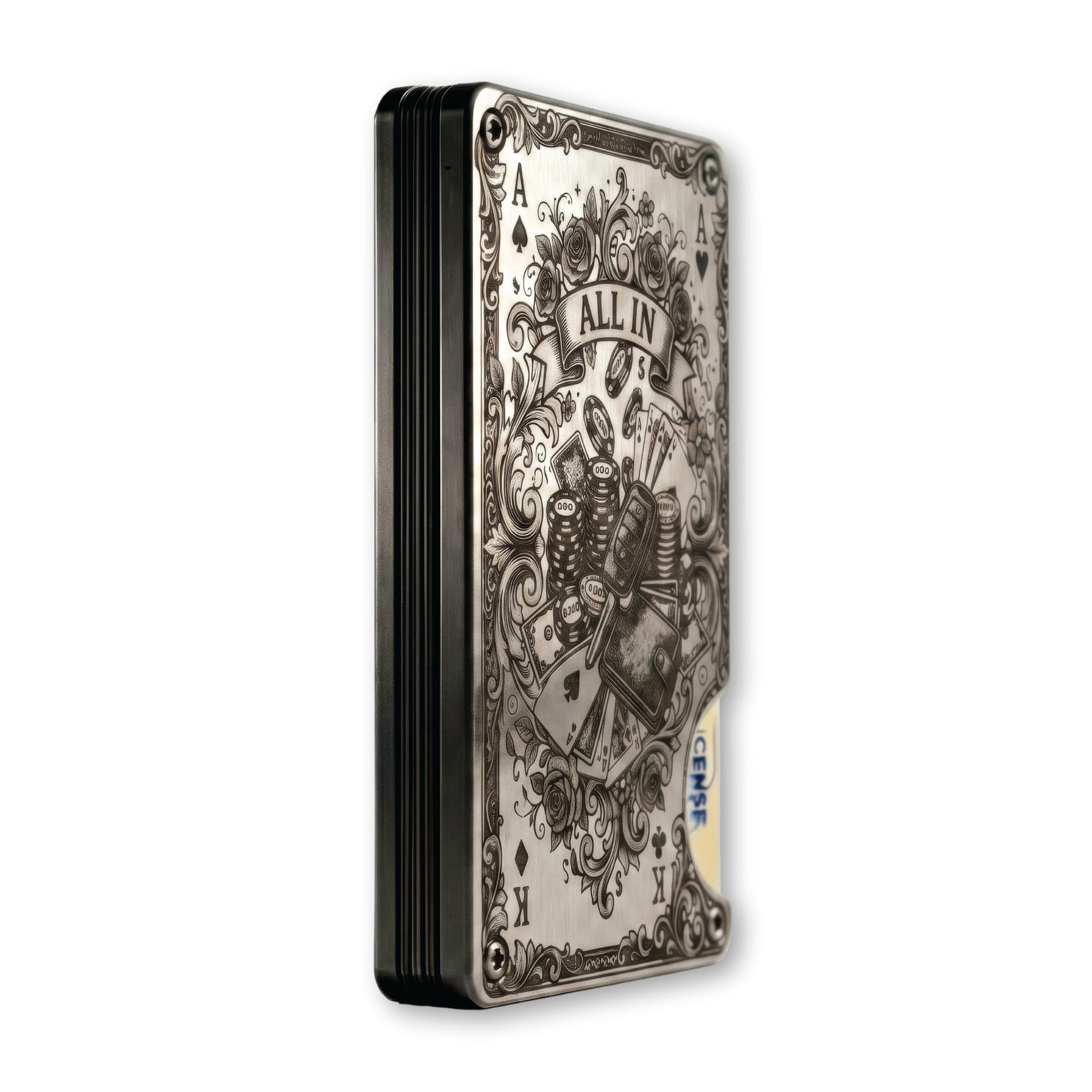 Moxxley MX-344 metal credit card holder – slim stainless steel wallet with money clip, playing-card design