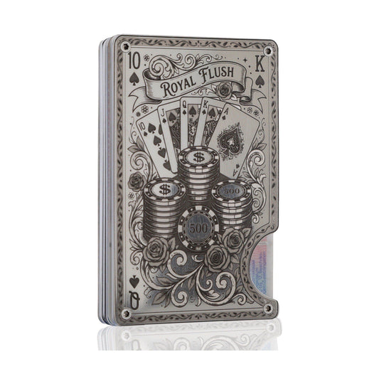Moxxley MX-343 metal credit card holder – slim stainless steel wallet with money clip, playing-card design