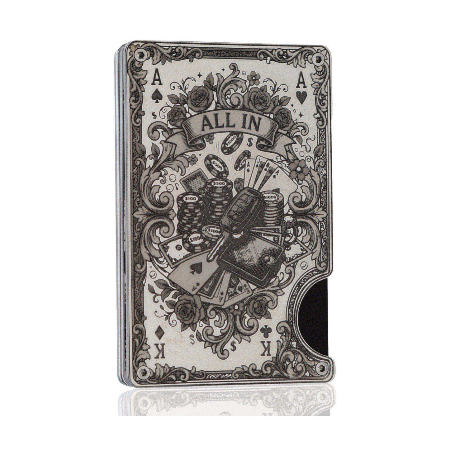 Moxxley MX-344 metal credit card holder – slim stainless steel wallet with money clip, playing-card design